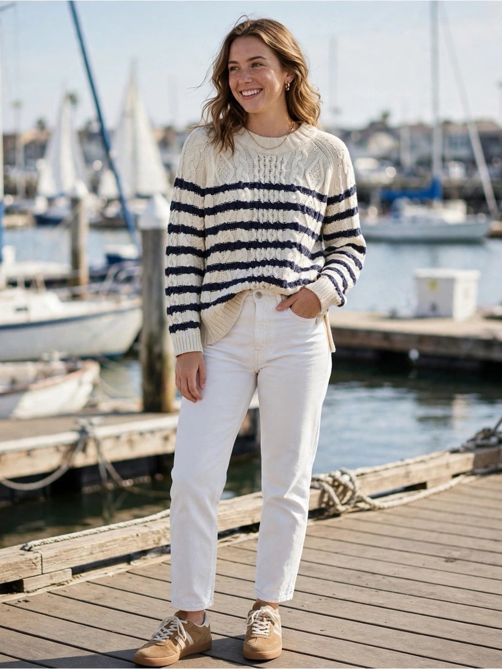 MADEWELL CABLE KNIT STRIPED SWEATER NAVY CREAM OVERSIZED CREWNECK PULLOVER SMALL